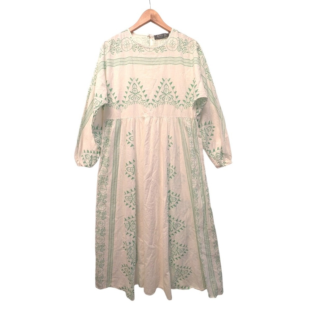 Refka Casual White Green Embroidered Cotton Maxi Dress Size 6 Boho Modest